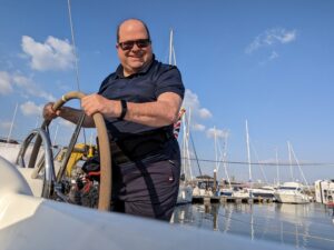 Andrew at the Helm of Nonna Olive