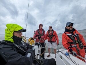 Crew on Nonna Olive with their Foulies on