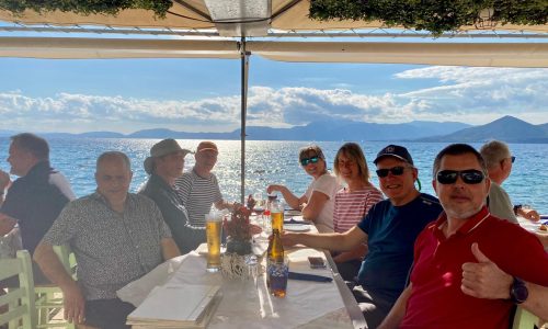 Last-supper-in-Greece.-Left to right, Mark, John, Mike, Nicky, Dee, Peter and Mihayl