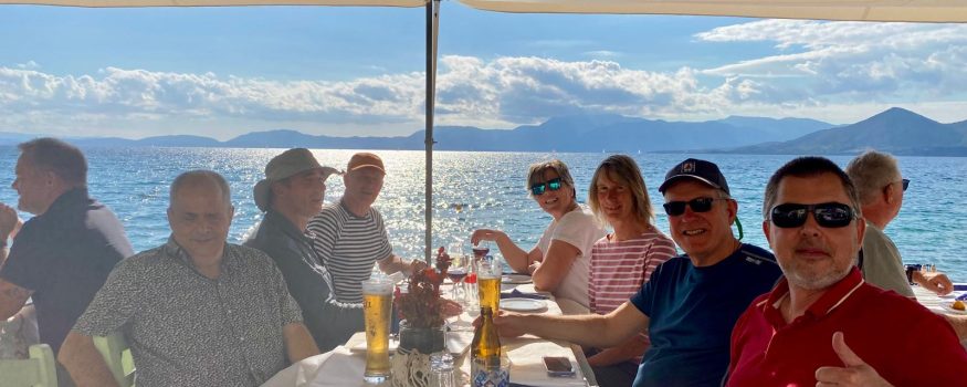 Last-supper-in-Greece.-Left to right, Mark, John, Mike, Nicky, Dee, Peter and Mihayl